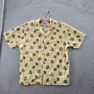 KY's Men Button Up Shirt XL Yellow Palm Tree Leaf Print‎ Hawaiian Made in Hawaii